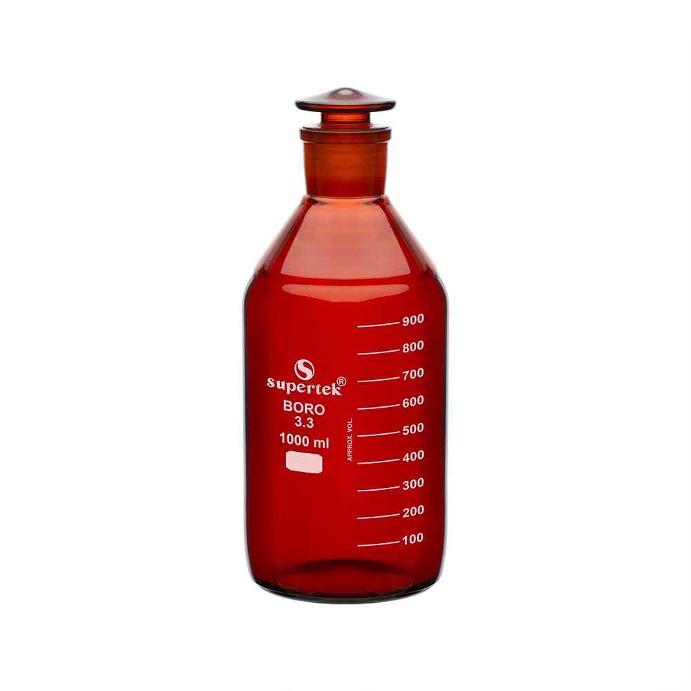 Bottle, Reagent, Heavy Duty, Graduated with Interchangeable Glass Stopper, Narrow Mouth, Amber
