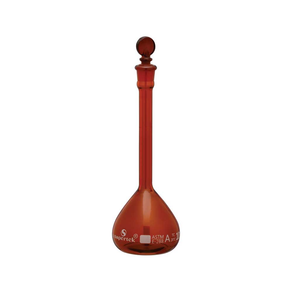 Flask Volumetric, Amber, Narrow Mouth With Penny Head Glass Stopper, ASTM "Class A"