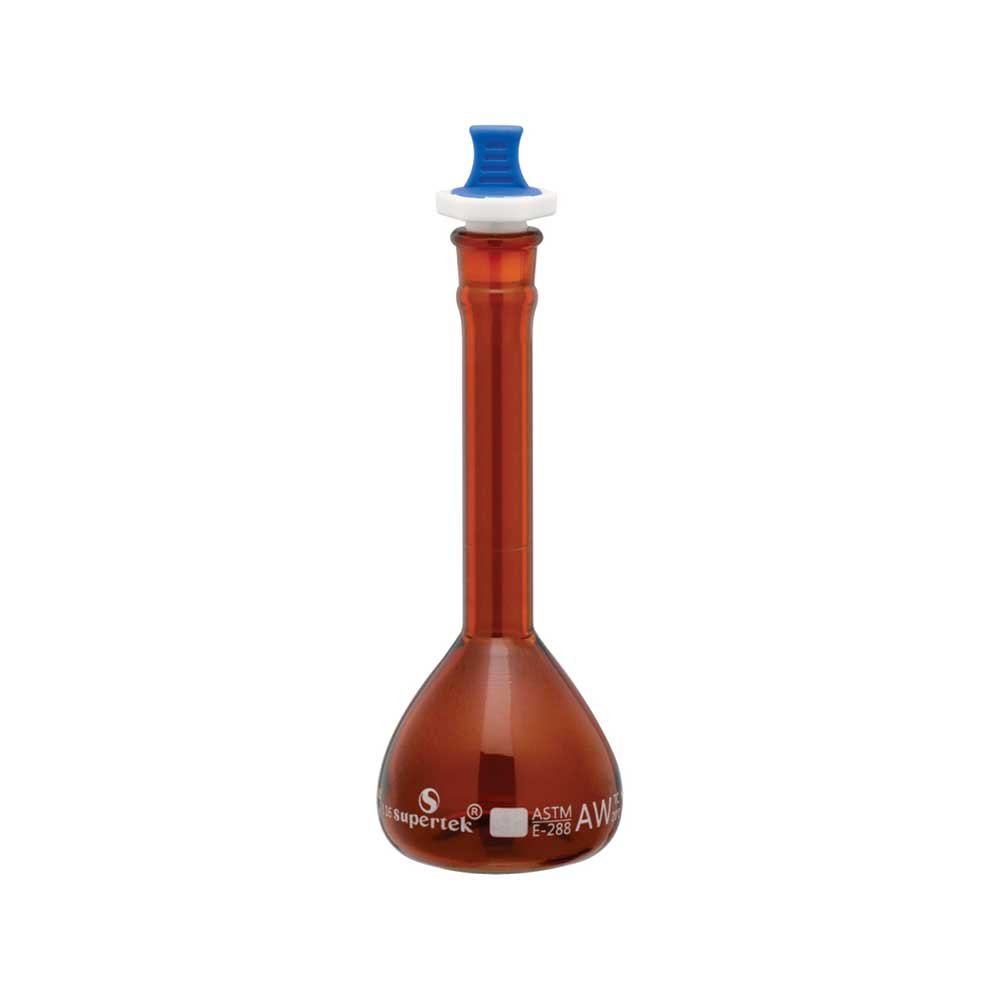Flask Volumetric, Amber, Wide Mouth Heavy Duty, With PP Stopper, ASTM "Class A"