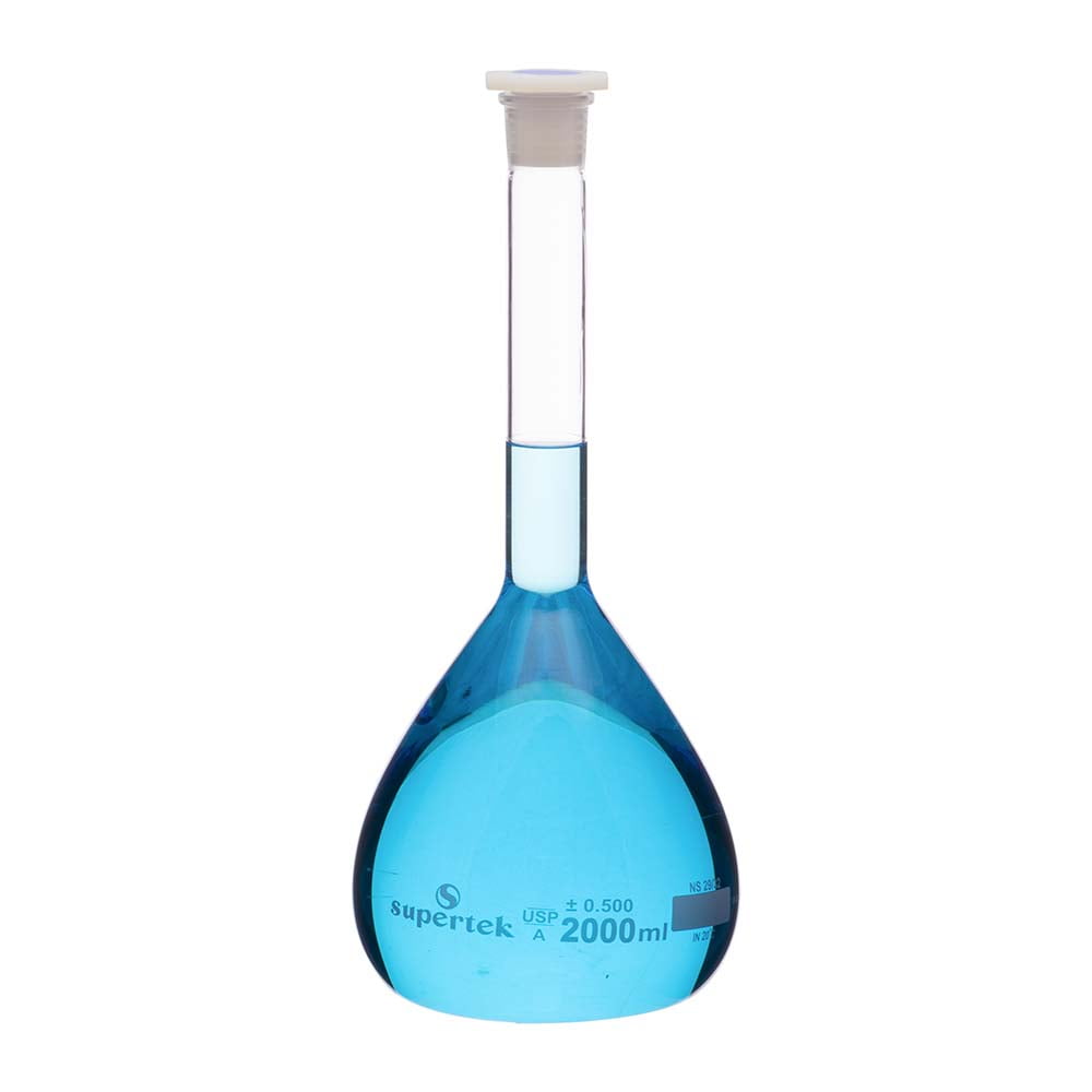 Volumetric flasks in polypropylene (PP), Plastibrand, class B, with PP-stopper  , blue printing