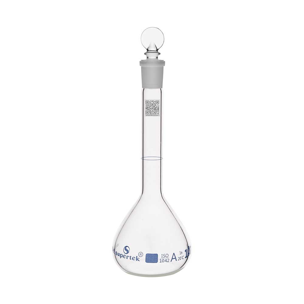 Flask Volumetric, With Interchangeable Glass Stopper, ISO "Class A" QR Coded
