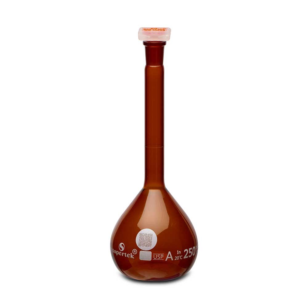 Flask Volumetric, Amber Wide Mouth With PP Super Stopper™, USP QR Coded